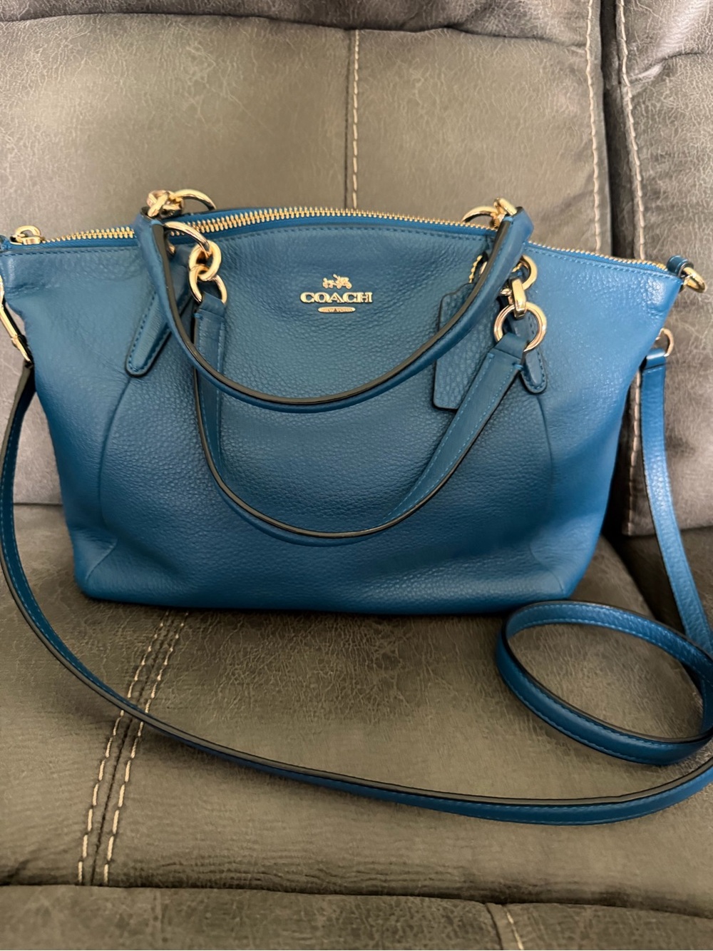 Coach Teal Pebbled Leather Shoulder Satchel with Gold Hardware